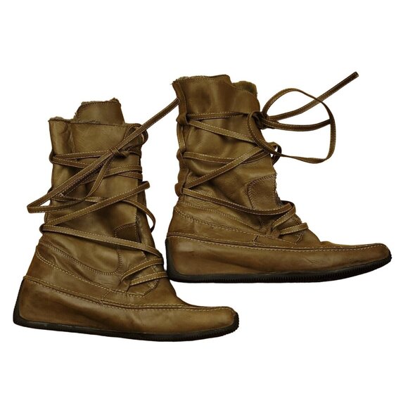 Sesto Meucci Womens 8 Fur Lined Boots Lace Up Tan Camel Leather Convertible - Picture 1 of 9